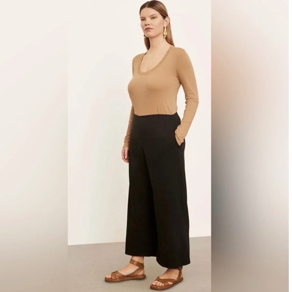 Vince Stretch Linen Crop Wide Leg Pants Black Plus Size 18 High Rise Side Zip - Picture 3 of 16